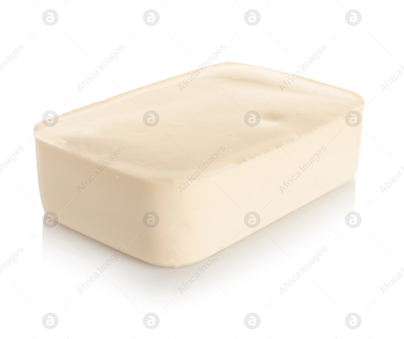 Photo of Tasty creamy feta cheese on white background