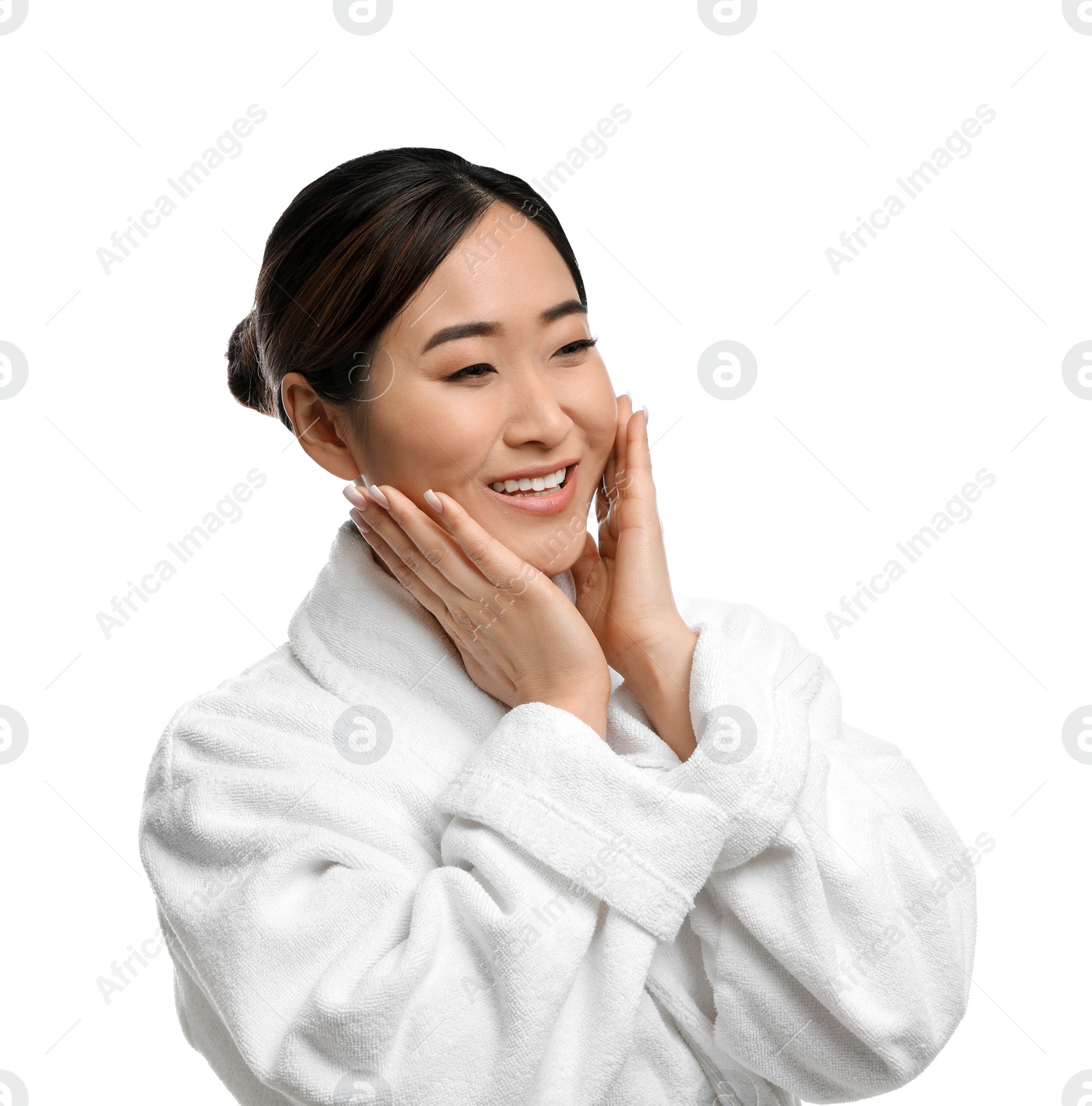 Photo of Portrait of beautiful Asian woman in bathrobe isolated on white. Spa treatment