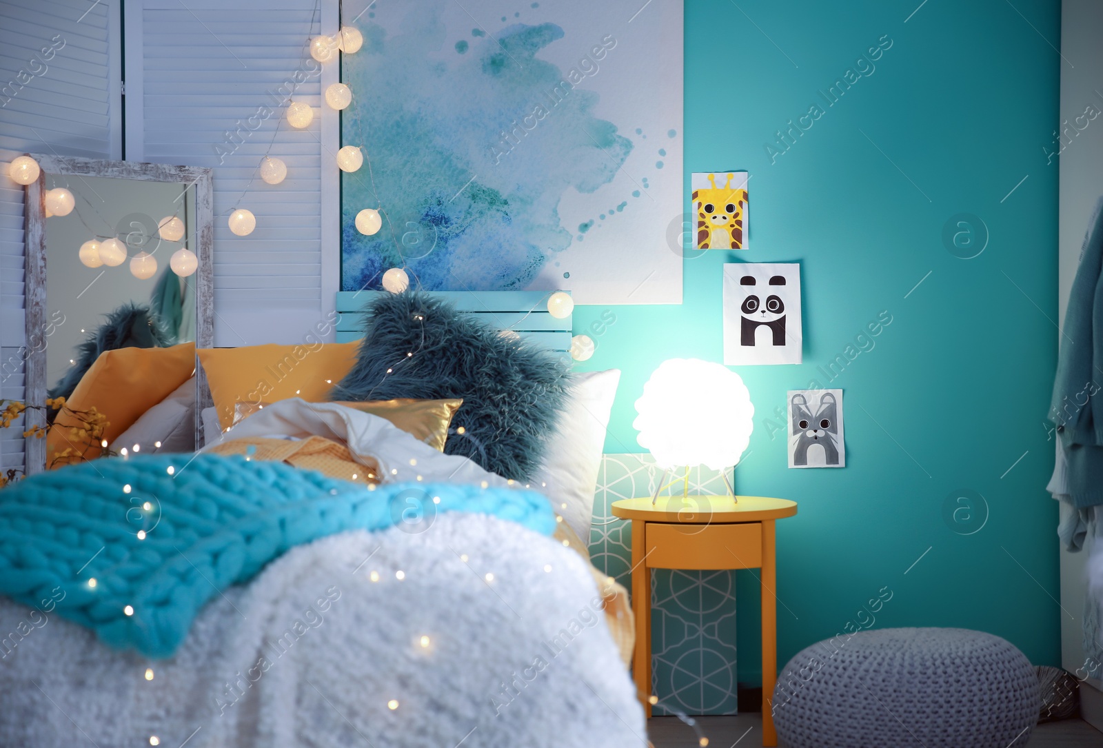 Photo of Cozy room interior with comfortable bed