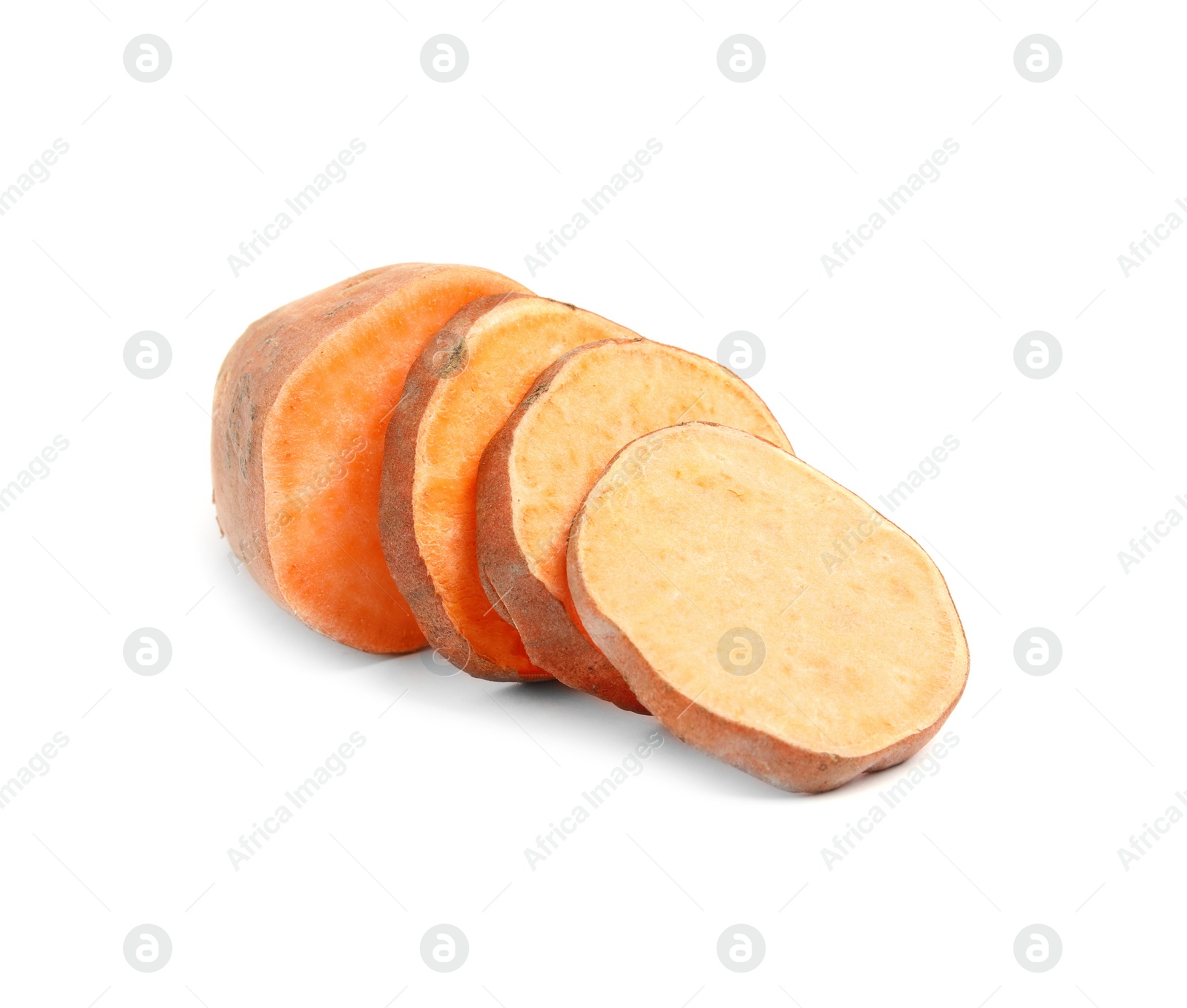 Photo of Slices of ripe sweet potato on white background