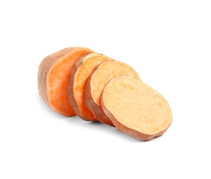 Photo of Slices of ripe sweet potato on white background