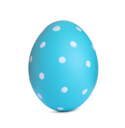 Photo of Painted light blue egg with dot pattern isolated on white. Happy Easter