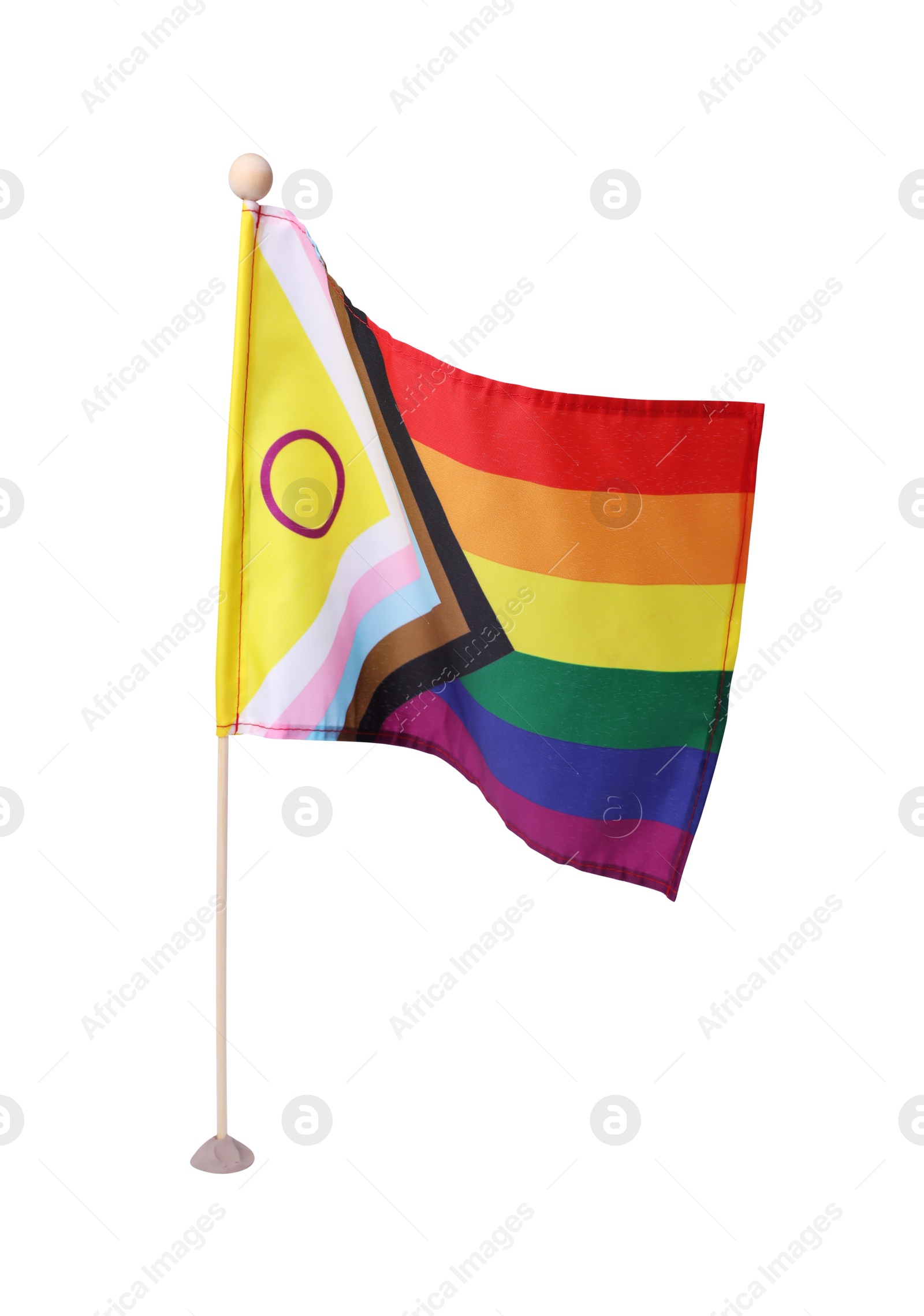 Photo of Bright progress flag on white background. LGBT pride