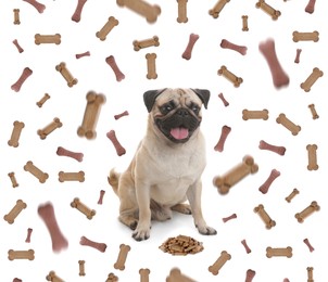 Image of Cute dog and tasty bone shaped cookies flying on white background