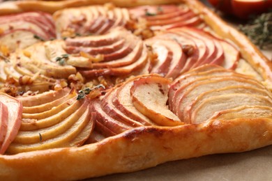 Photo of Freshly baked apple pie on table, closeup