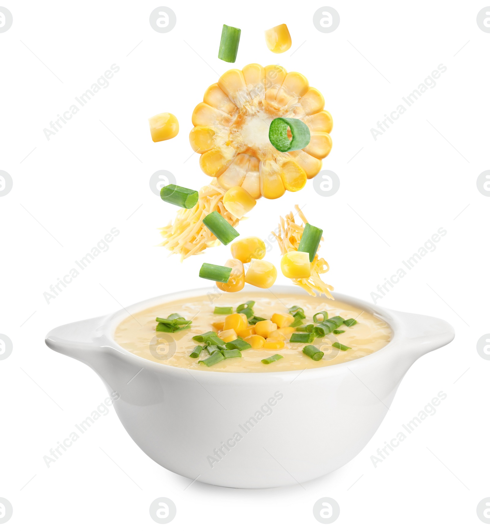 Image of Collage with ingredients falling into bowl of corn soup on white background 