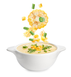 Image of Collage with ingredients falling into bowl of corn soup on white background 