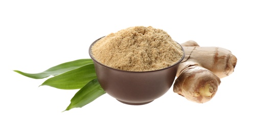 Photo of Dry ginger powder, fresh root and leaves isolated on white