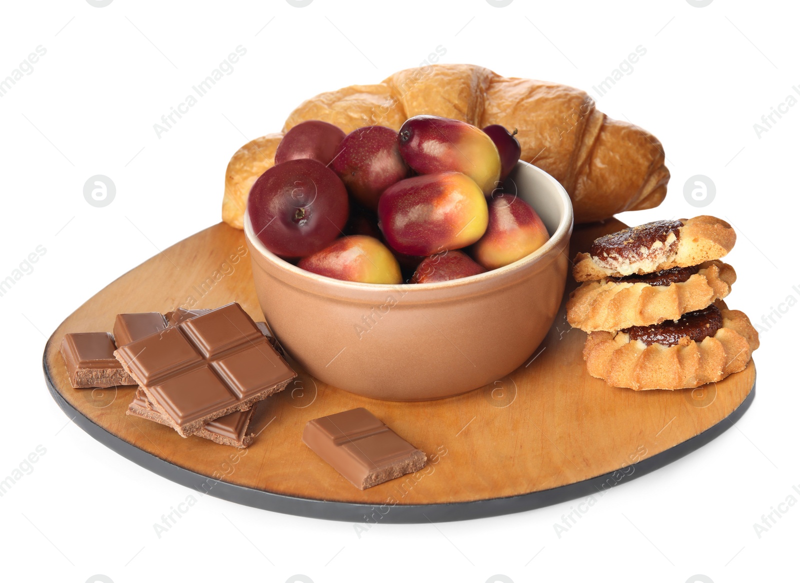 Image of Fresh ripe palm oil fruits and sweets on white background