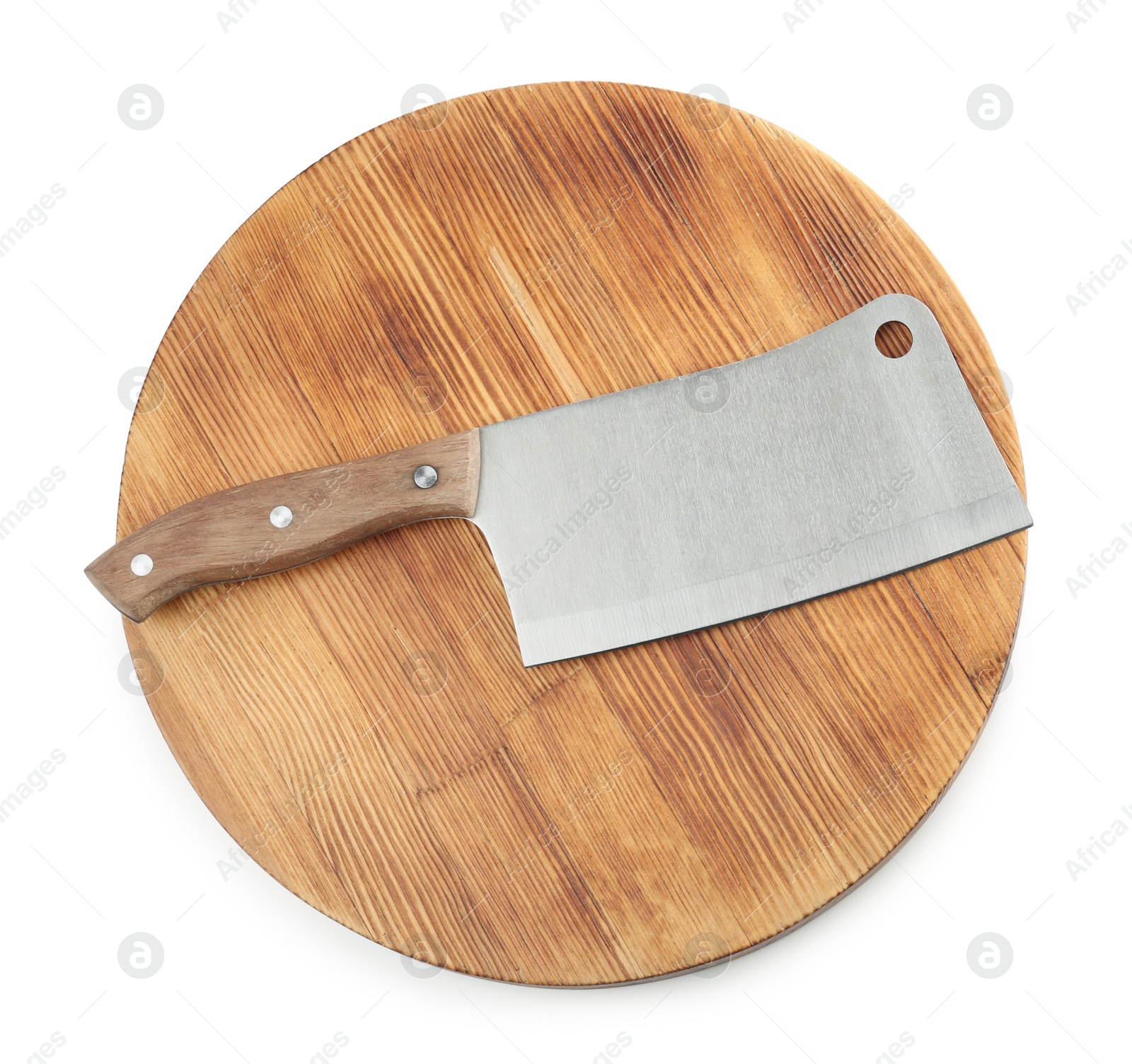 Photo of Large sharp cleaver knife with wooden board isolated on white, top view
