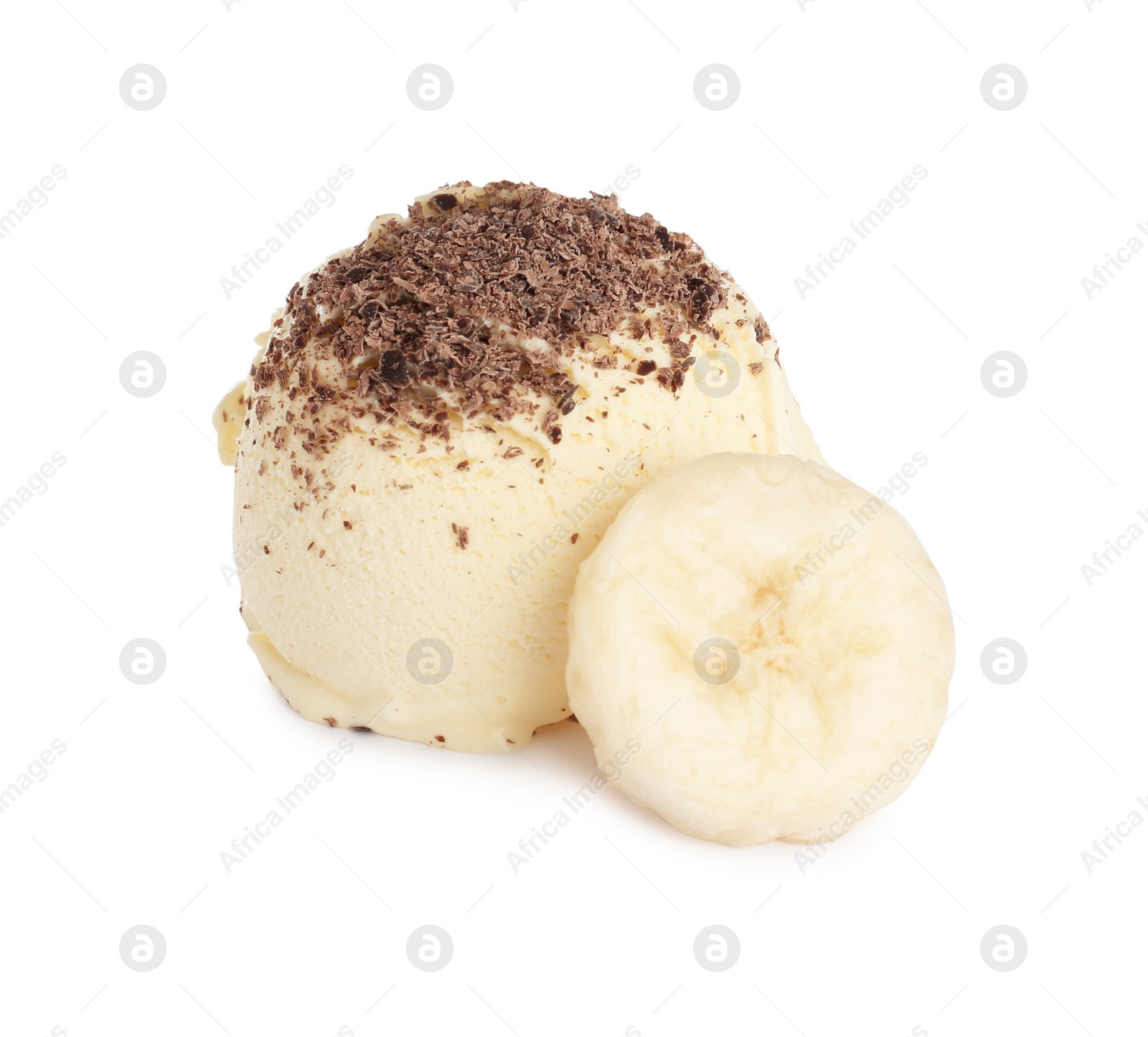 Photo of Delicious banana ice cream with chocolate crumbs and fresh fruit on white background