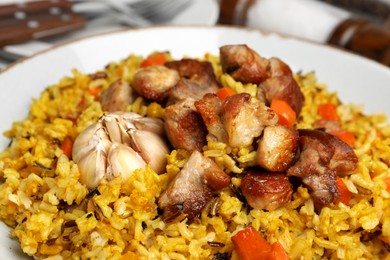 Delicious pilaf with meat, carrot and garlic on plate, closeup