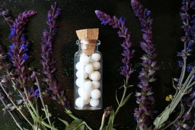 Bottle of homeopathic remedy and salvia on dark background, flat lay