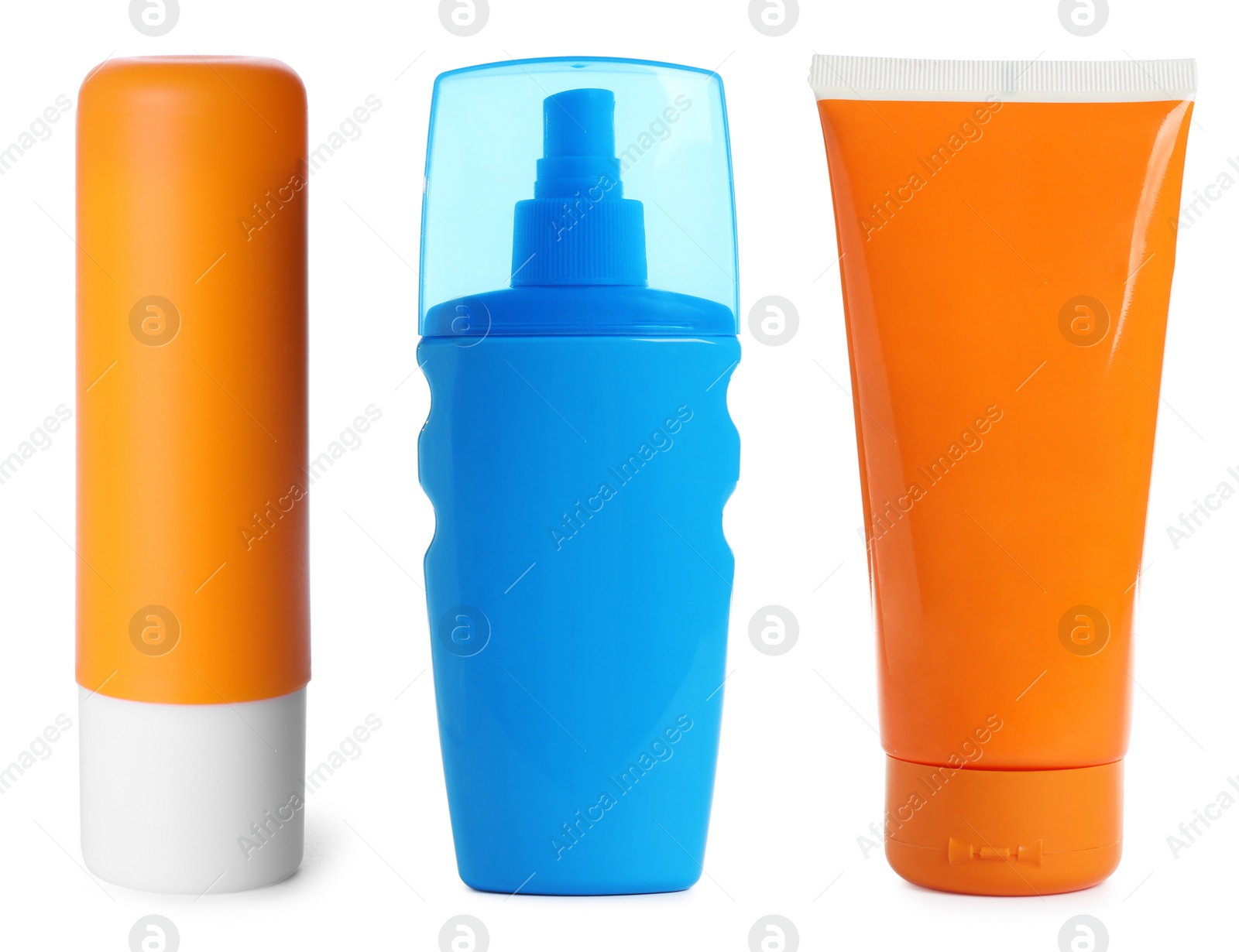 Image of Set with sun protection cosmetic products on white background