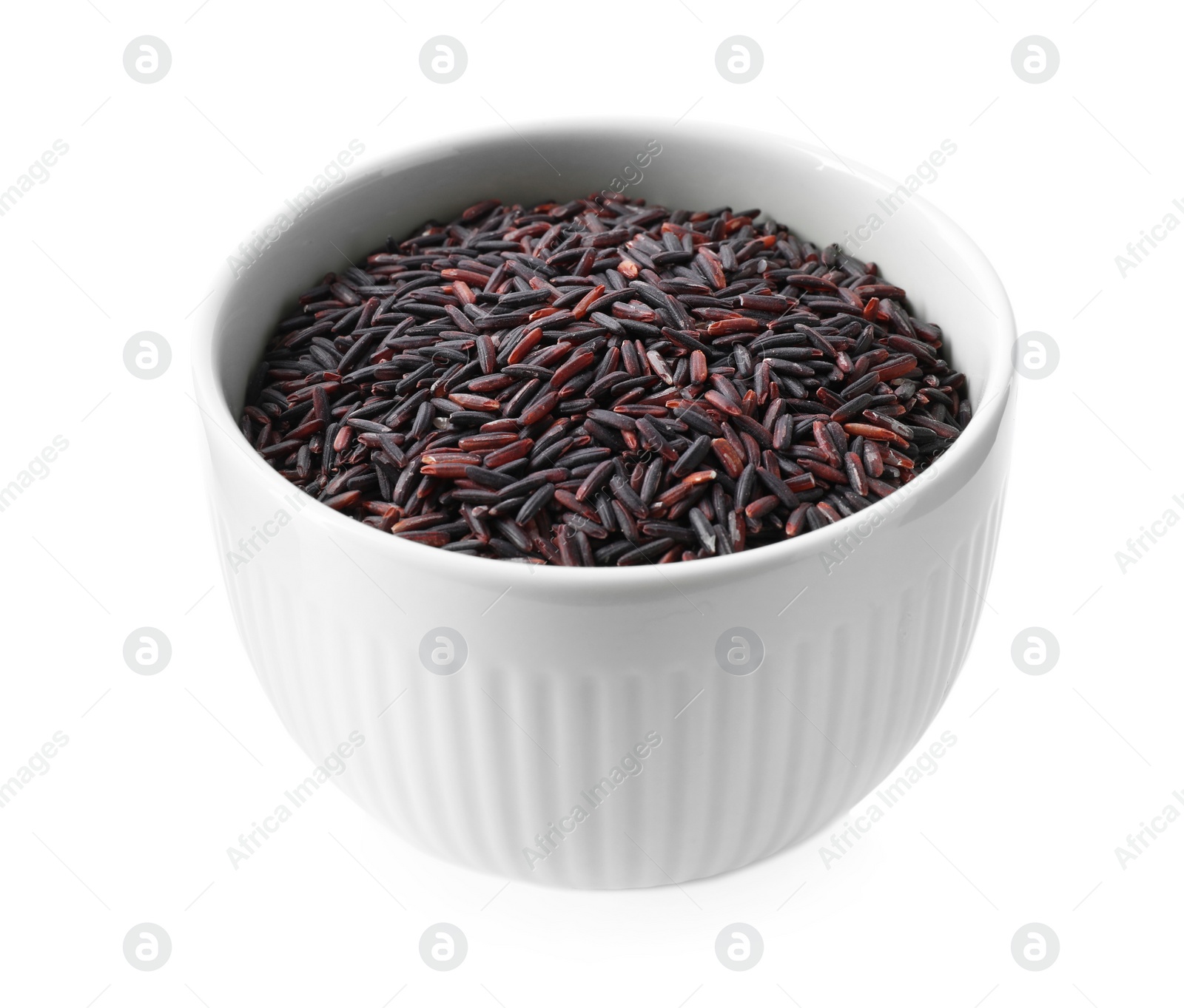 Photo of Brown rice in bowl isolated on white