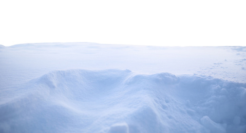 Heap of snow on white background, closeup. Banner design