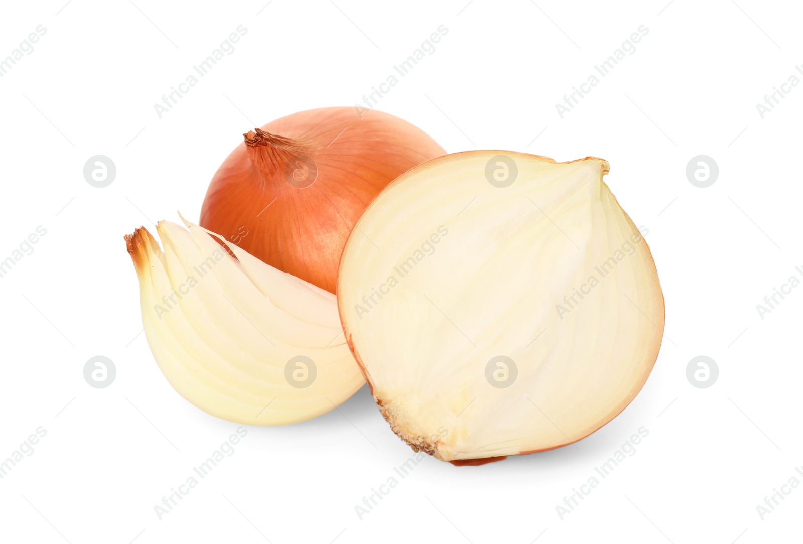 Photo of Whole and cut onions on white background