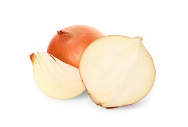 Photo of Whole and cut onions on white background