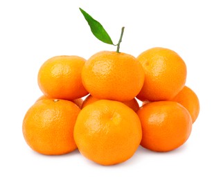 Fresh ripe juicy tangerines with green leaf isolated on white