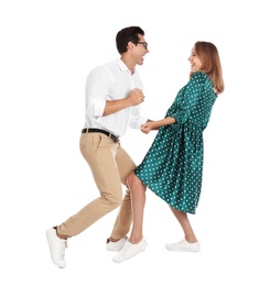 Photo of Beautiful young couple dancing on white background