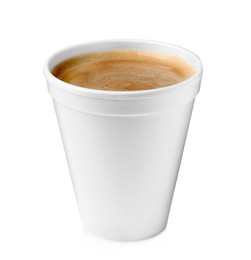 Photo of Styrofoam cup with coffee isolated on white