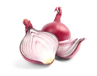 Ripe red onions on white background