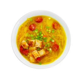 Photo of Bowl of delicious sauerkraut soup with smoked sausages, green onion and croutons isolated on white, top view