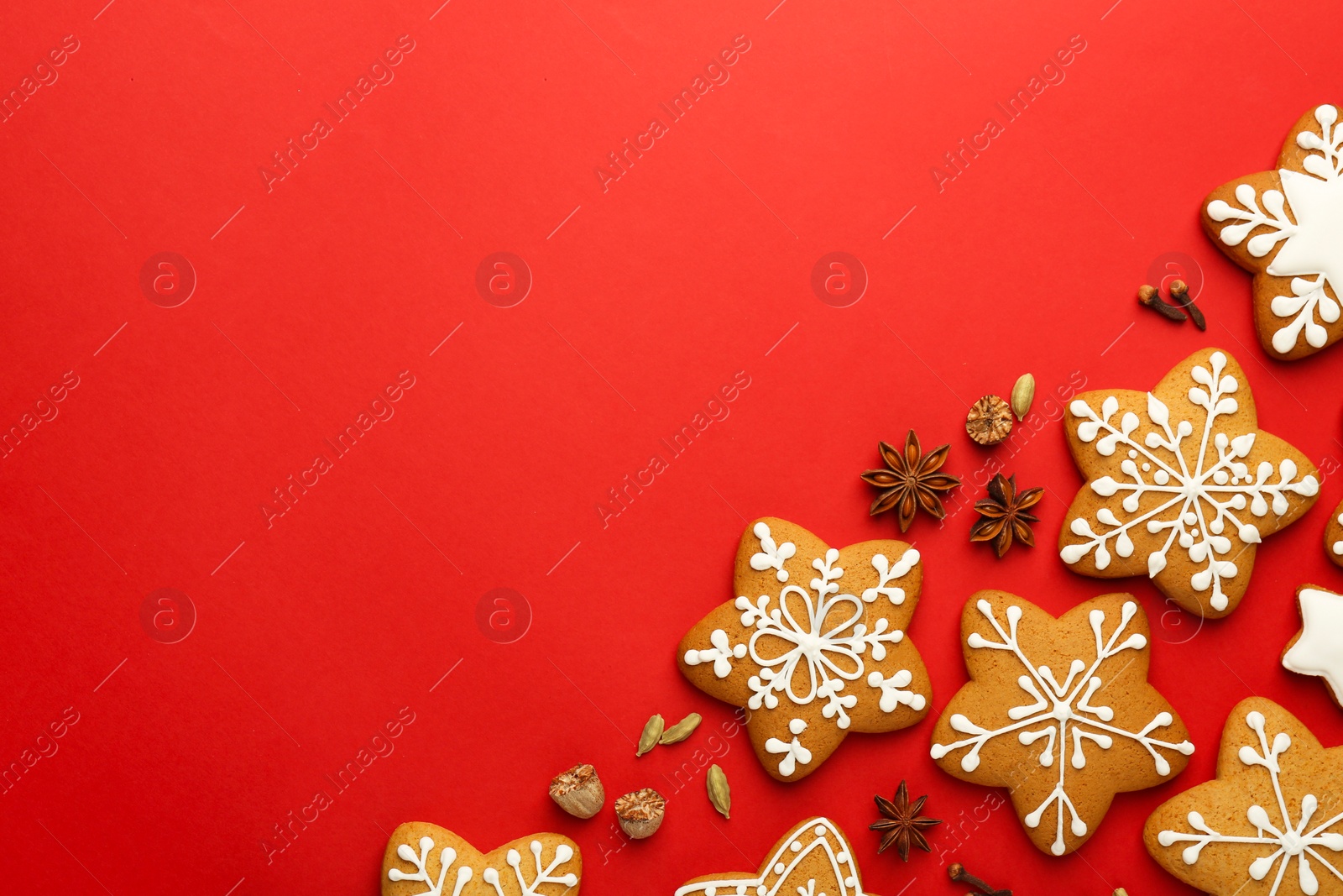 Photo of Tasty star shaped Christmas cookies with icing and spices on red background, flat lay. Space for text