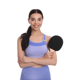 Beautiful young woman with table tennis racket on white background. Ping pong player