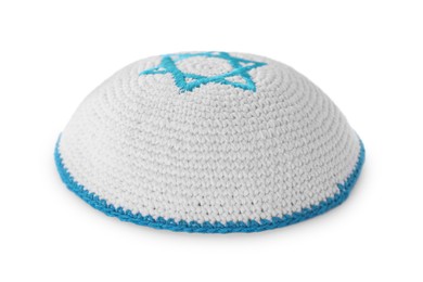 Photo of Kippah with Star of David isolated on white. Rosh Hashanah holiday symbol