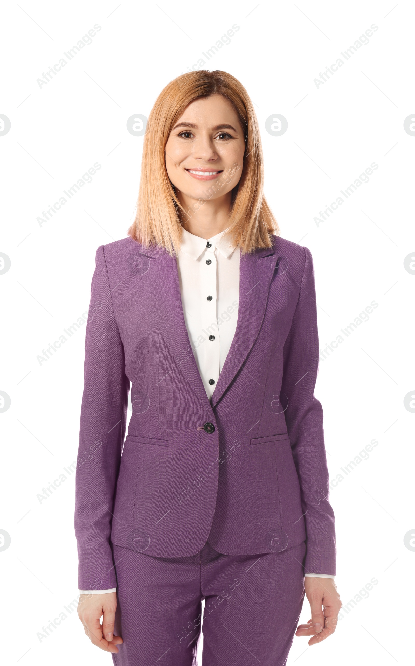 Photo of Portrait of successful businesswoman posing on white background