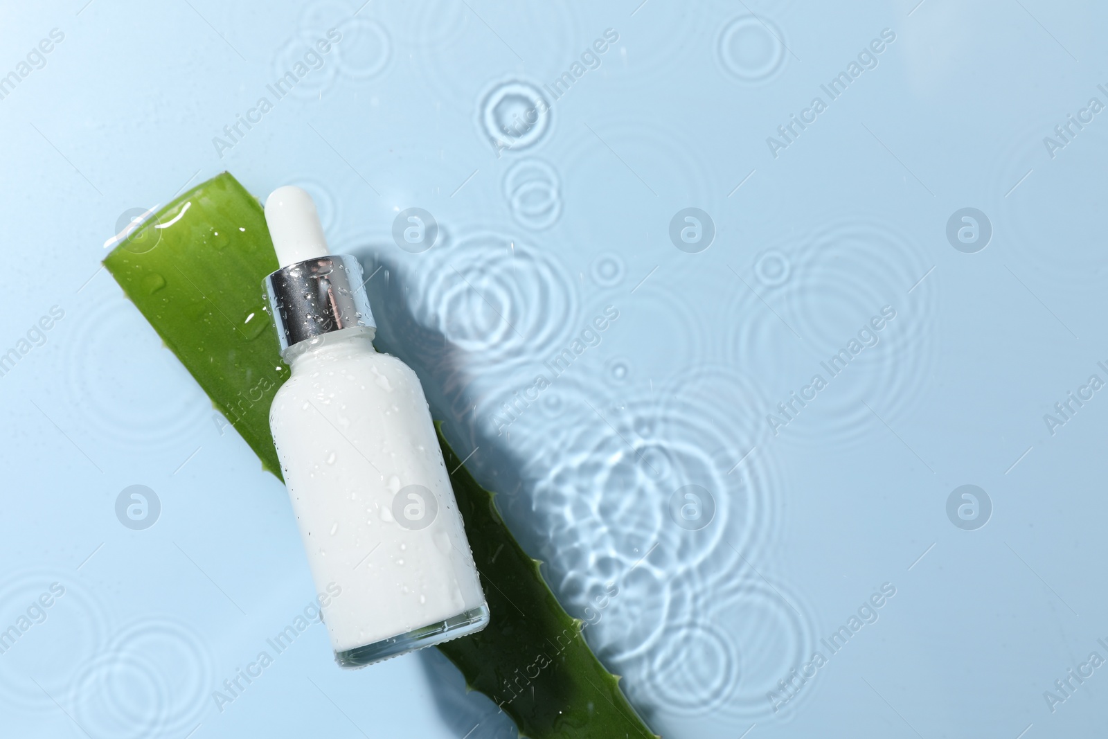 Photo of Bottle of cosmetic product and aloe leaf in water on light blue background, flat lay. Space for text