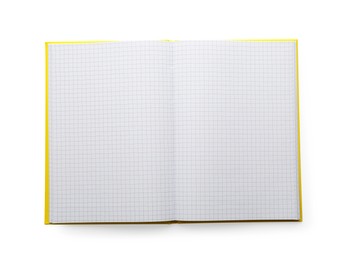 Photo of Open notebook with blank sheets isolated on white, top view