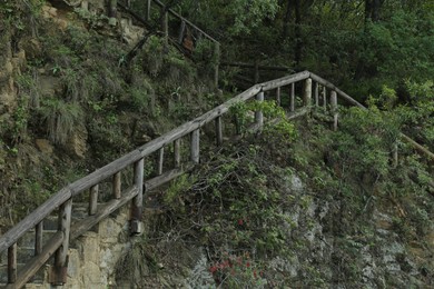 Photo of Wooden hand railings near stone stairs and plants outdoors