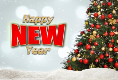 Happy New Year. Beautifully decorated Christmas tree and snow on light background, bokeh effect