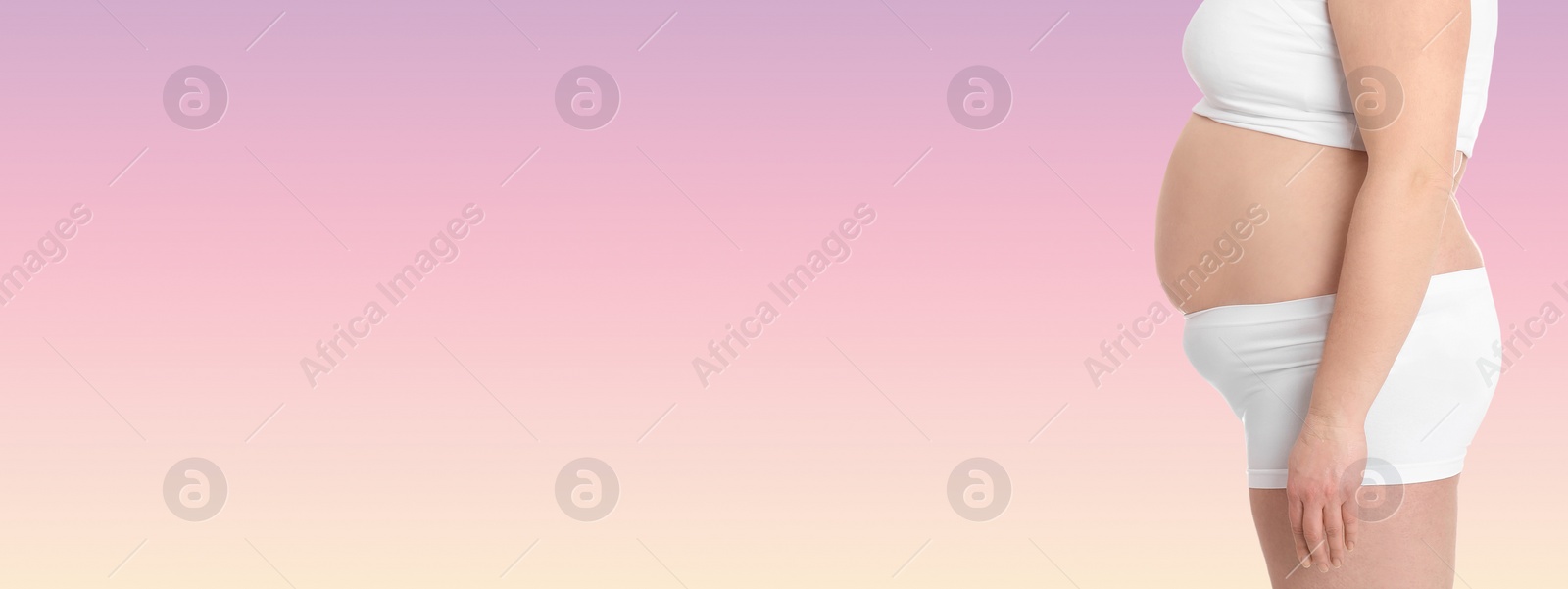 Image of Closeup view of overweight woman on color background, space for text. Banner design