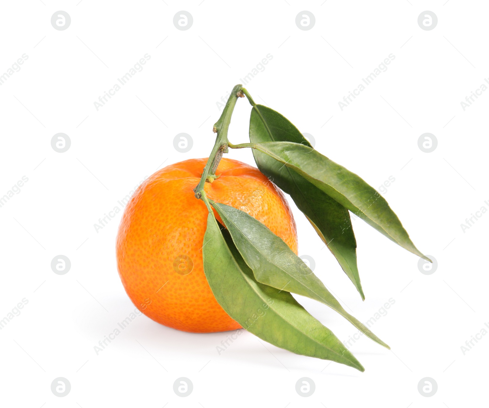 Photo of Tasty ripe tangerine with leaves on white background