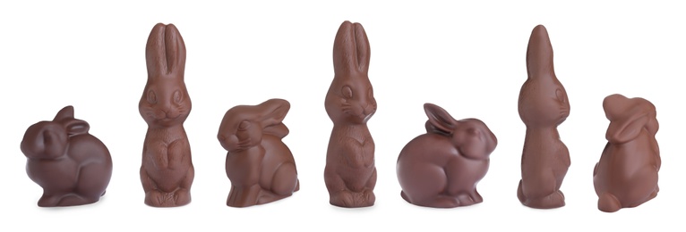 Set with chocolate Easter bunnies on white background, banner design 