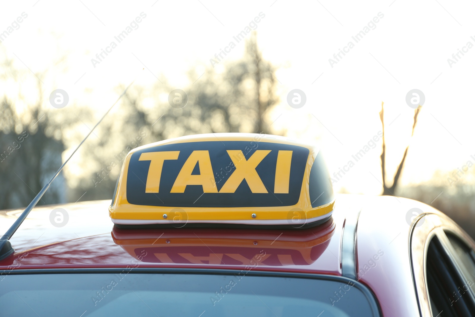 Photo of Roof light with word TAXI on car outdoors