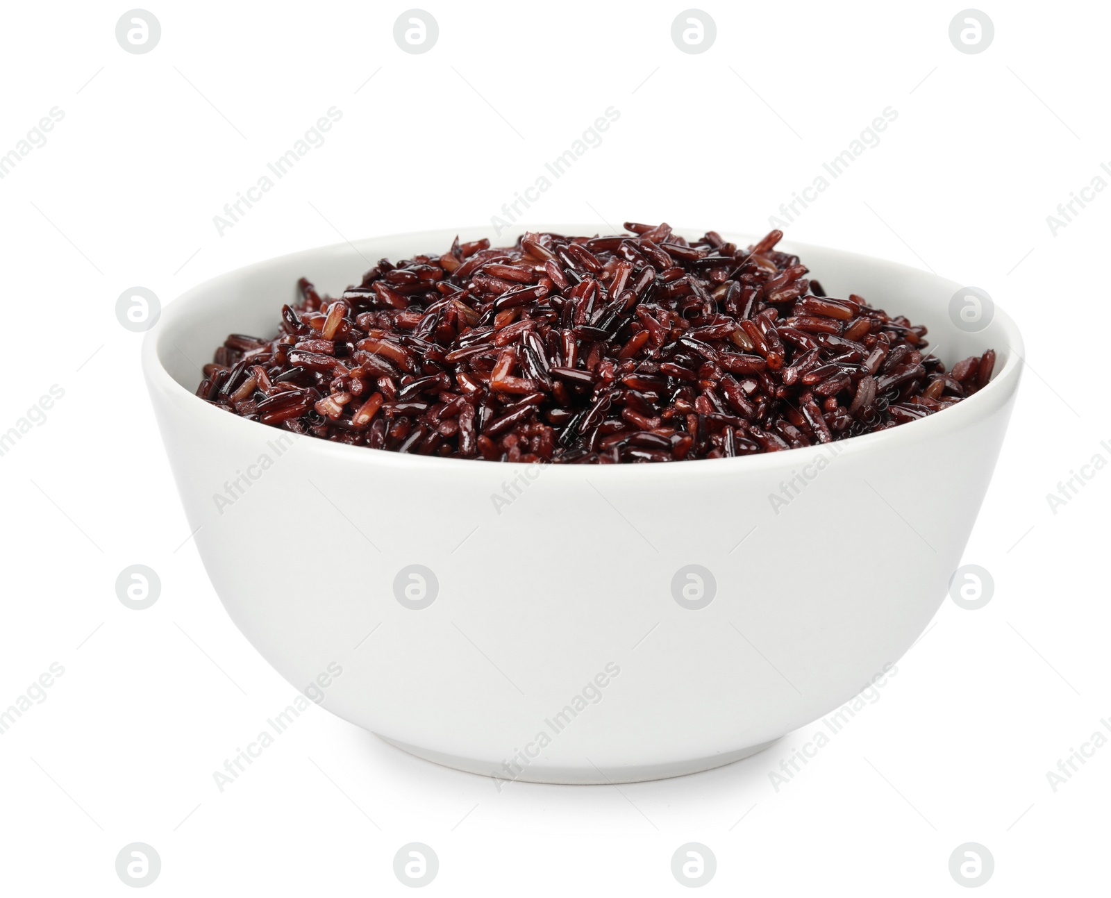 Photo of Bowl with delicious cooked brown rice on white background