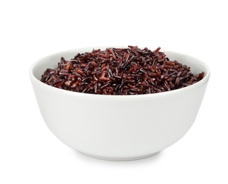 Photo of Bowl with delicious cooked brown rice on white background