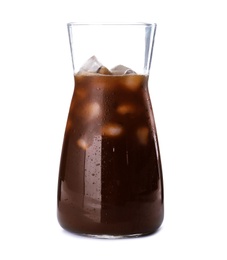 Photo of Jug with cold brew coffee on white background