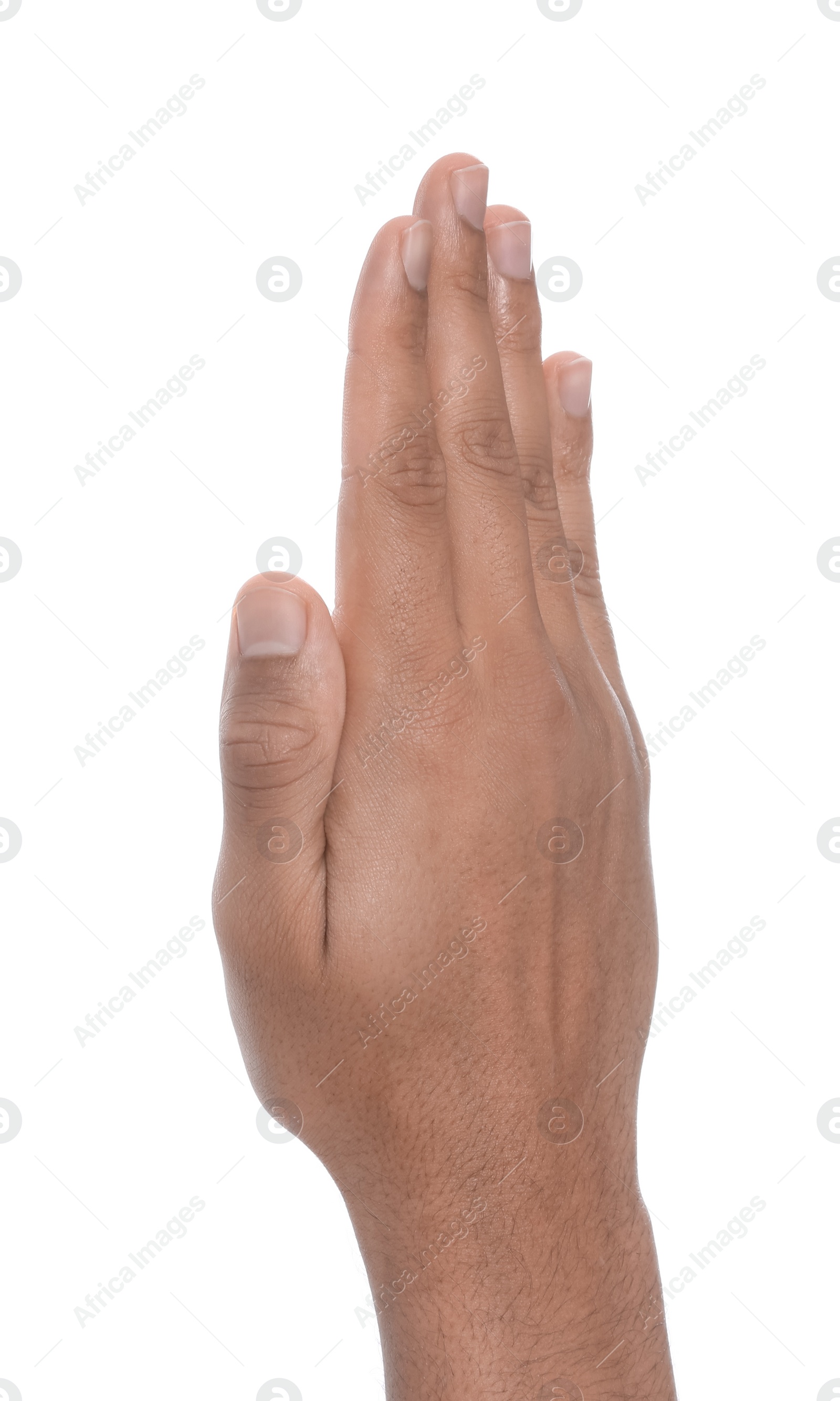 Photo of Man giving high five on white background, closeup of hand