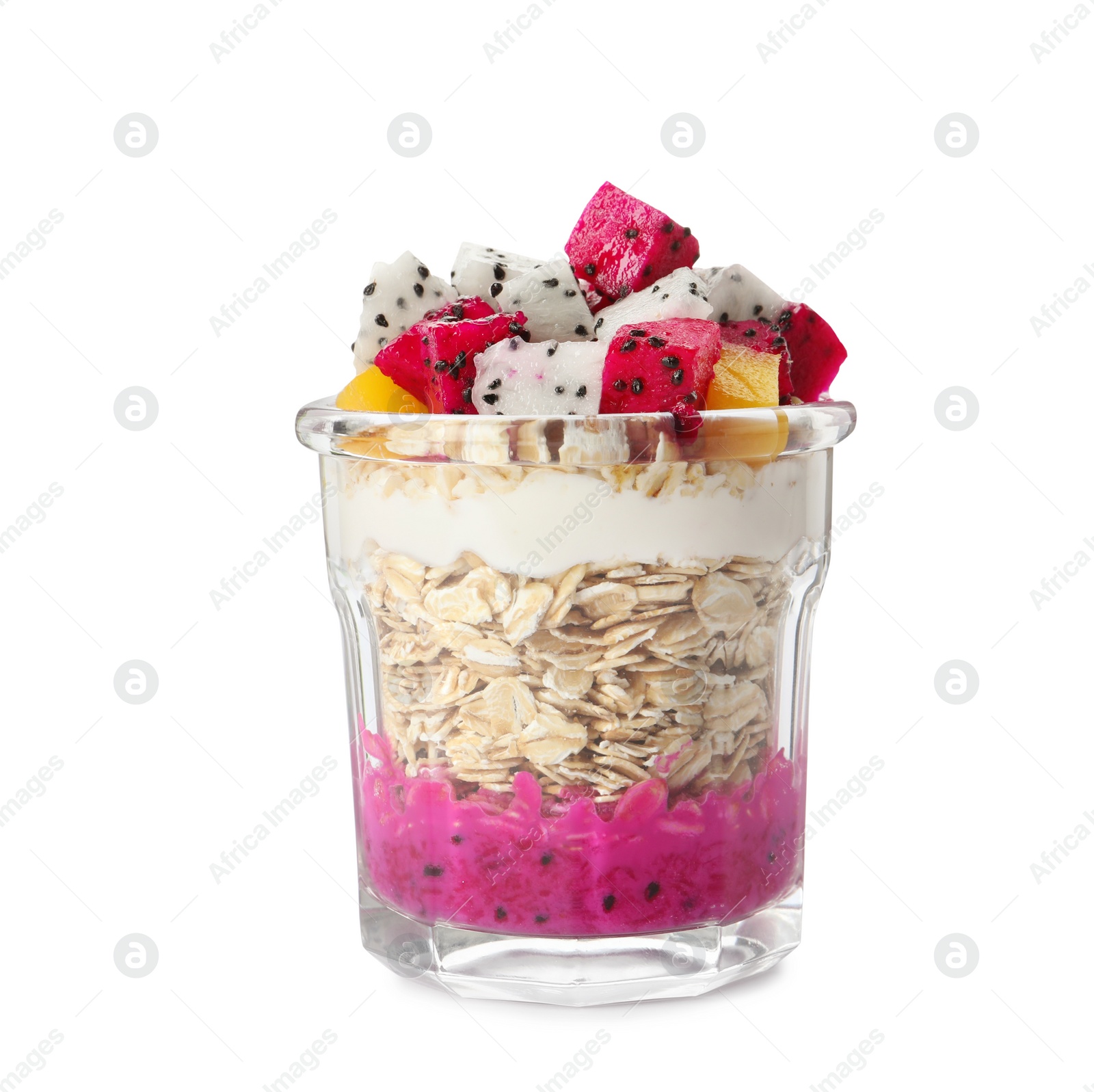 Photo of Glass of granola with pitahaya, yogurt and mango isolated on white