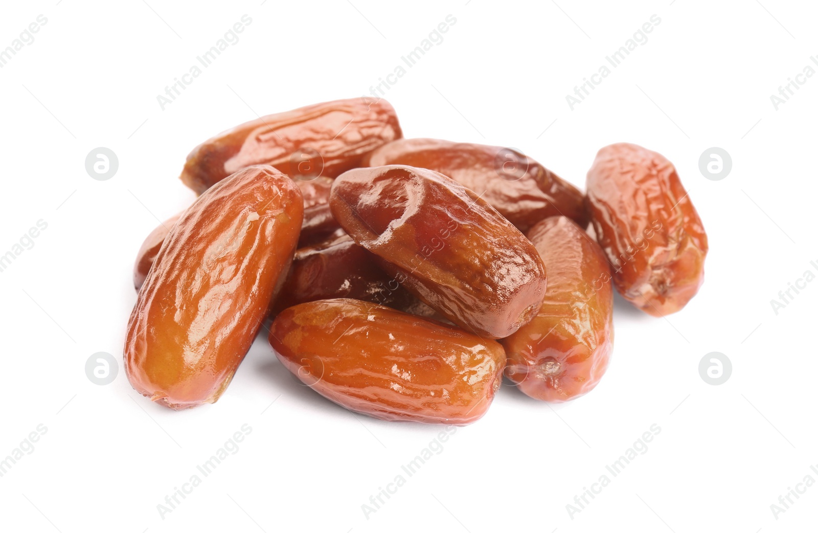 Photo of Heap of tasty sweet dried dates on white background