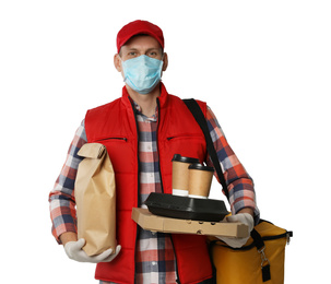 Courier in protective mask and gloves holding order on light background. Food delivery service during coronavirus quarantine