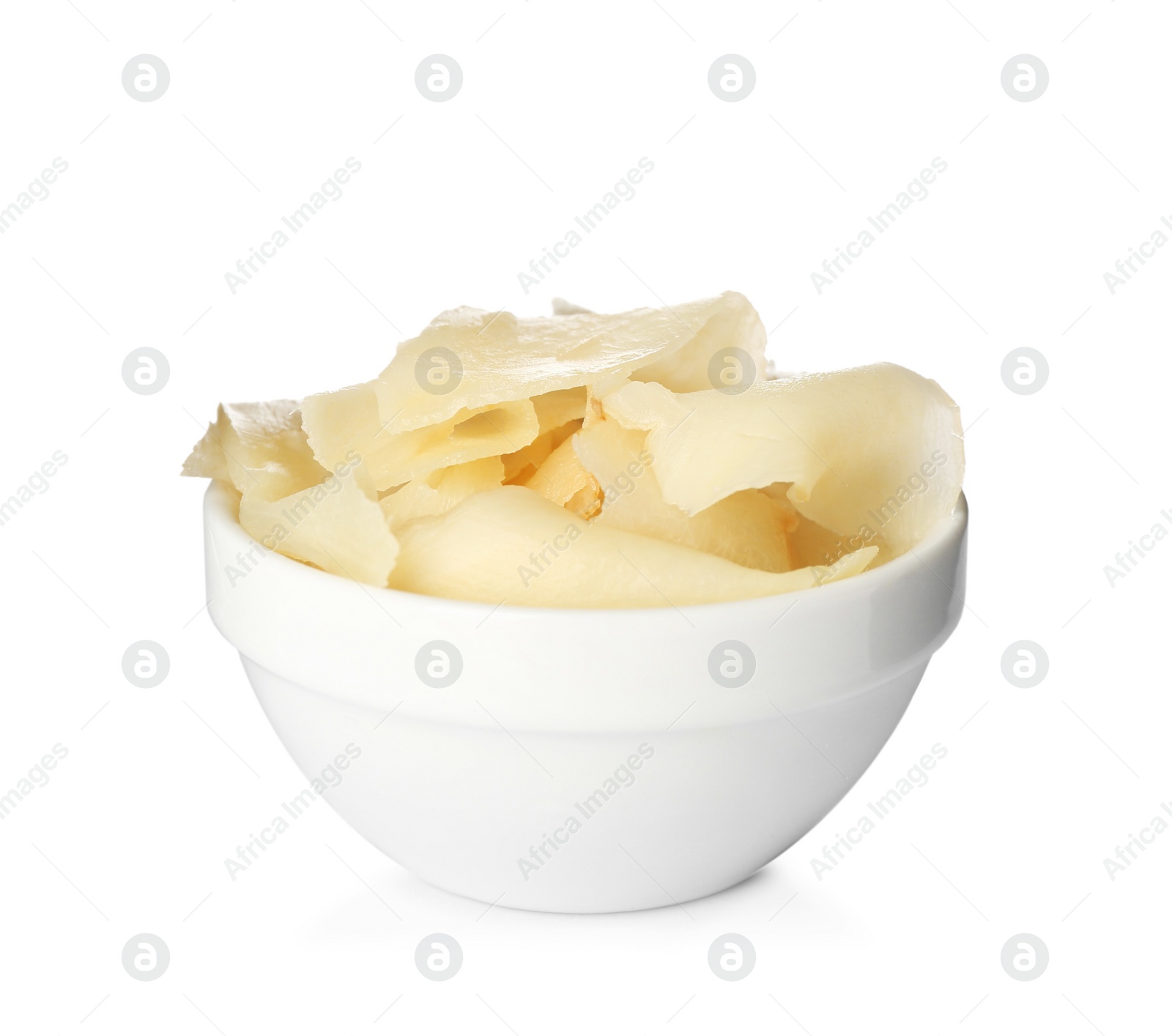 Photo of Pickled ginger in bowl isolated on white