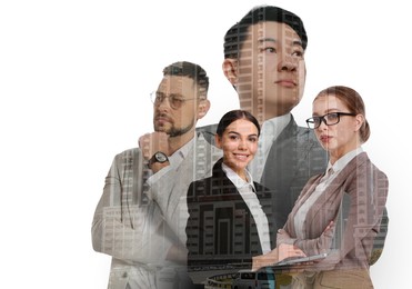 Image of Double exposure of different businesspeople and cityscape with office buildings