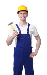 Professional repairman holding hammer on white background