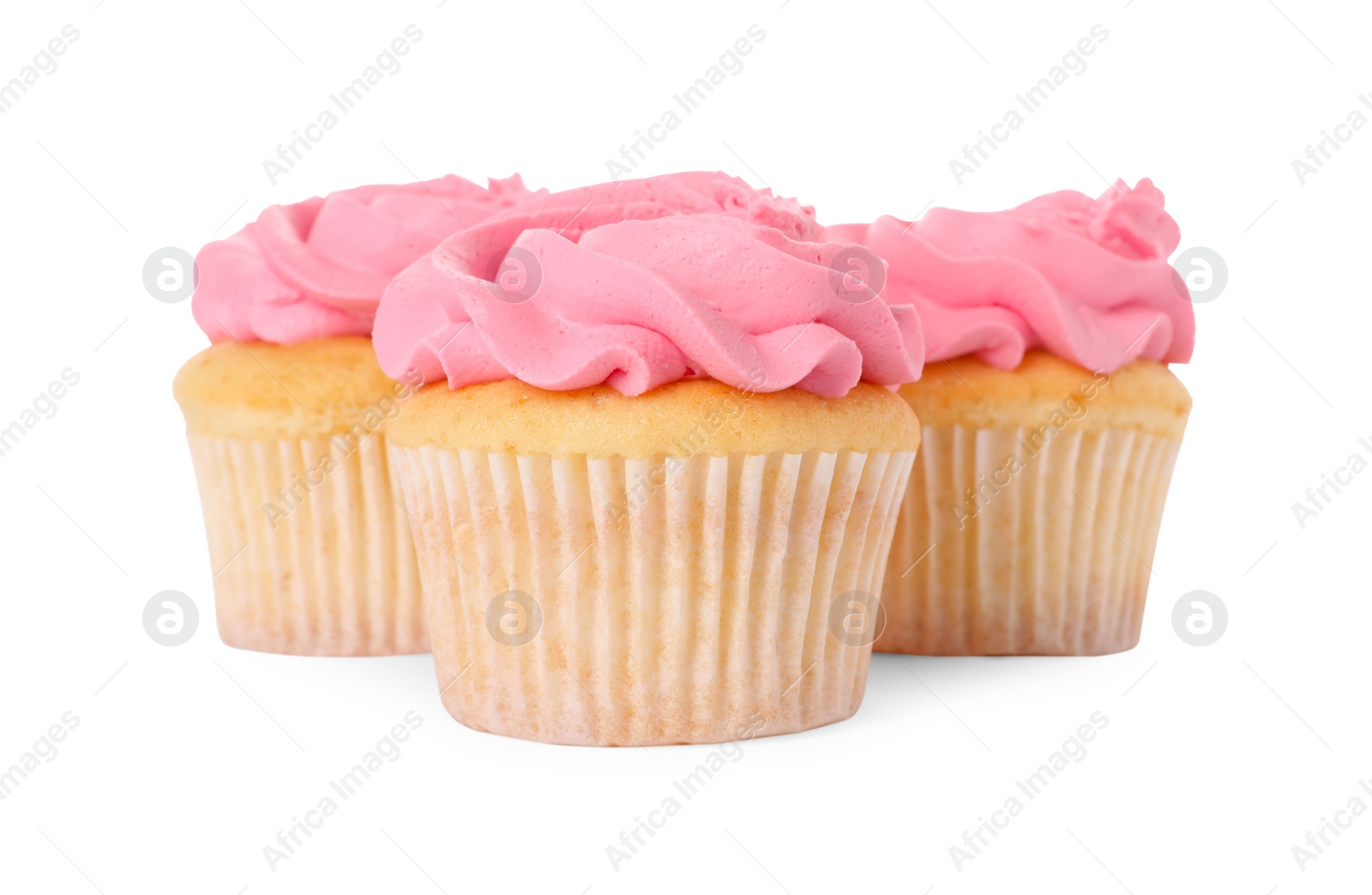 Photo of Delicious cupcakes with bright cream isolated on white